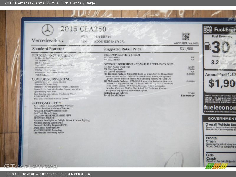  2015 CLA 250 Window Sticker