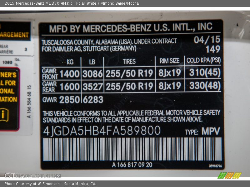 Polar White / Almond Beige/Mocha 2015 Mercedes-Benz ML 350 4Matic