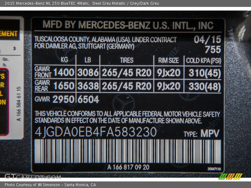 Steel Grey Metallic / Grey/Dark Grey 2015 Mercedes-Benz ML 250 BlueTEC 4Matic