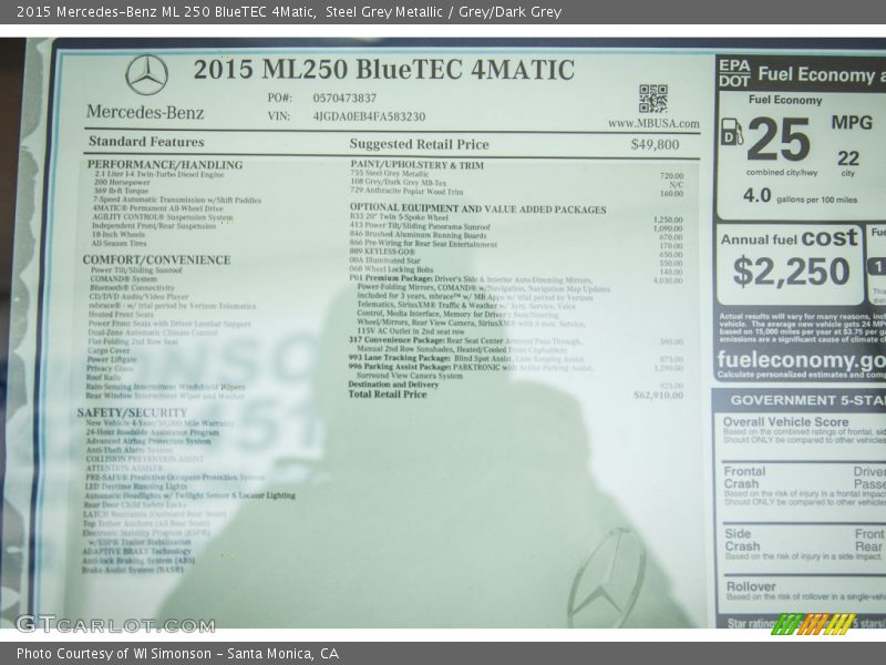 Steel Grey Metallic / Grey/Dark Grey 2015 Mercedes-Benz ML 250 BlueTEC 4Matic