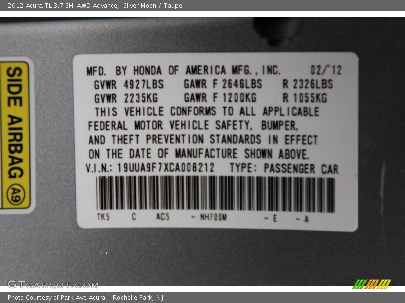 Silver Moon / Taupe 2012 Acura TL 3.7 SH-AWD Advance
