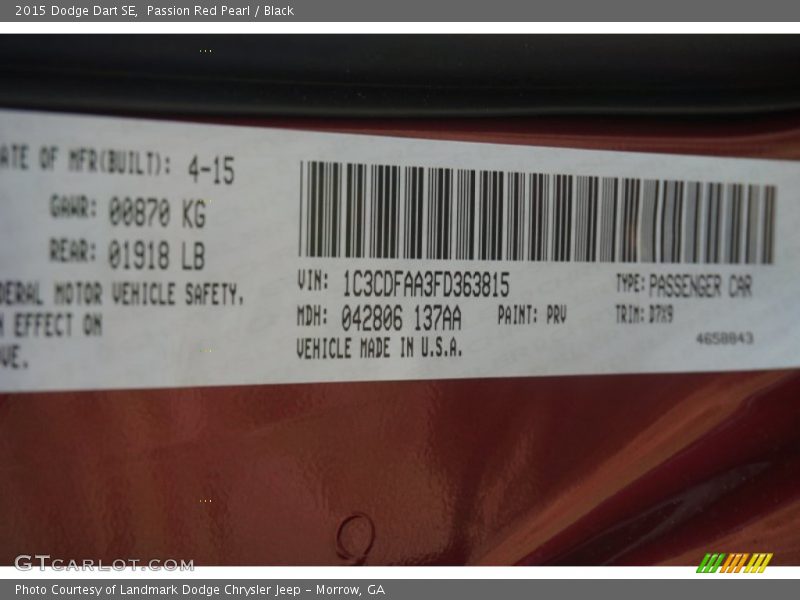 Passion Red Pearl / Black 2015 Dodge Dart SE
