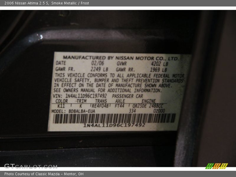 Smoke Metallic / Frost 2006 Nissan Altima 2.5 S
