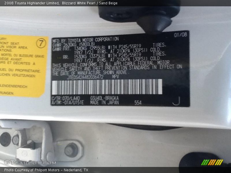 Blizzard White Pearl / Sand Beige 2008 Toyota Highlander Limited