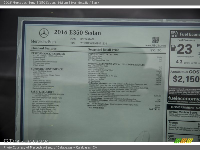  2016 E 350 Sedan Window Sticker