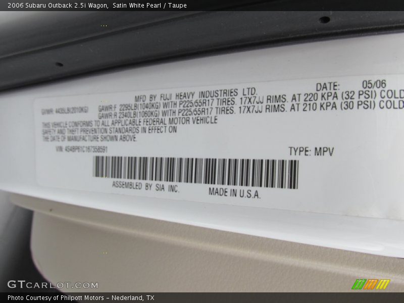 Satin White Pearl / Taupe 2006 Subaru Outback 2.5i Wagon