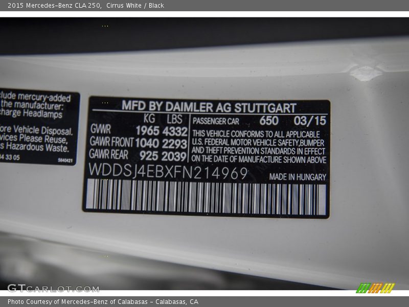 Cirrus White / Black 2015 Mercedes-Benz CLA 250