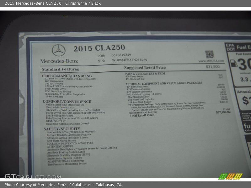 Cirrus White / Black 2015 Mercedes-Benz CLA 250