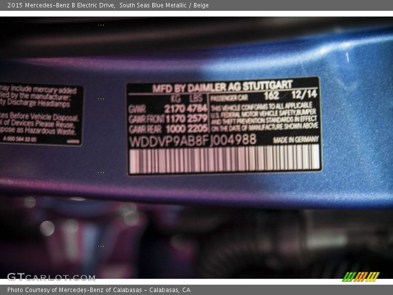 2015 B Electric Drive South Seas Blue Metallic Color Code 162