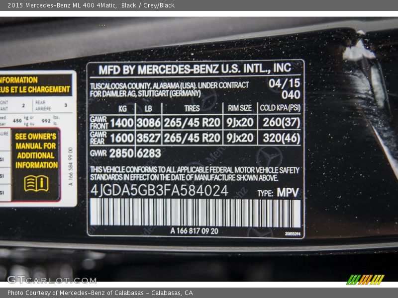 Black / Grey/Black 2015 Mercedes-Benz ML 400 4Matic