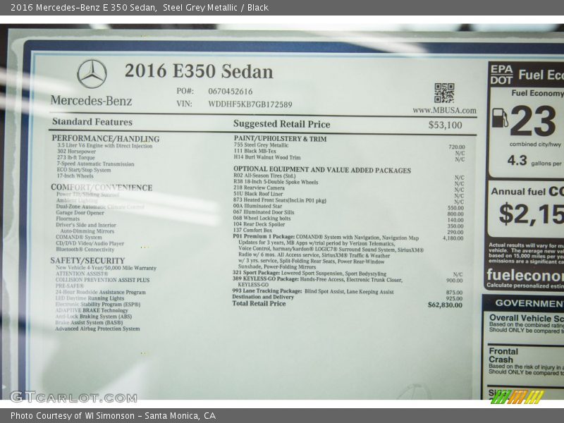 Steel Grey Metallic / Black 2016 Mercedes-Benz E 350 Sedan