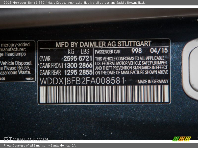 Anthracite Blue Metallic / designo Saddle Brown/Black 2015 Mercedes-Benz S 550 4Matic Coupe