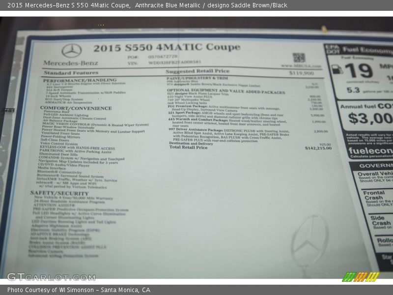 Anthracite Blue Metallic / designo Saddle Brown/Black 2015 Mercedes-Benz S 550 4Matic Coupe