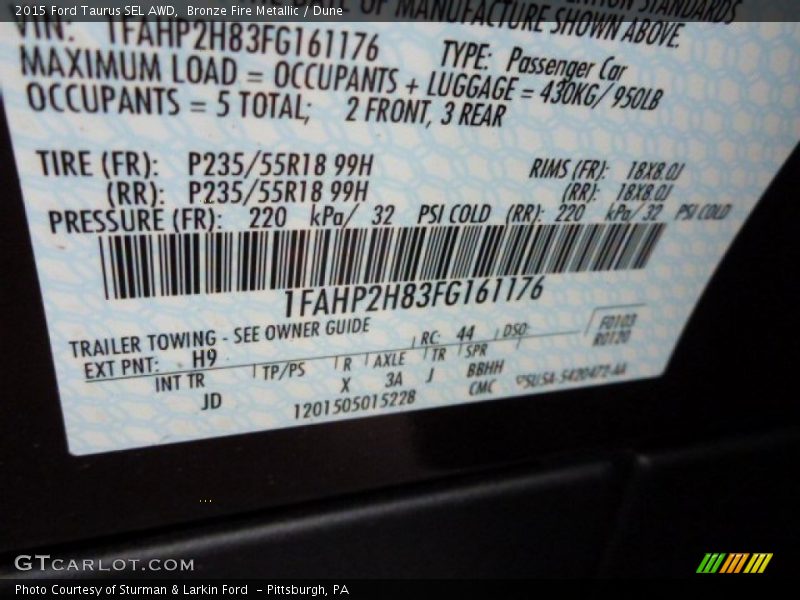 Bronze Fire Metallic / Dune 2015 Ford Taurus SEL AWD