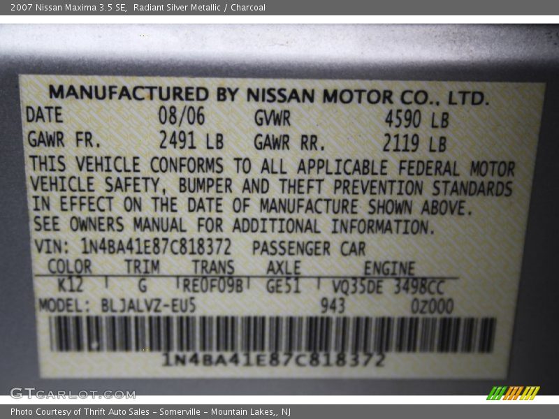 Radiant Silver Metallic / Charcoal 2007 Nissan Maxima 3.5 SE