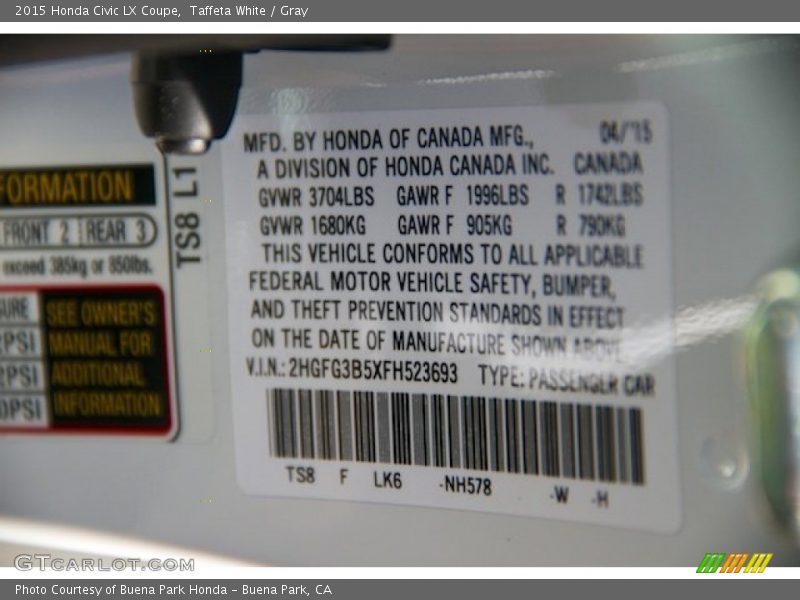 Taffeta White / Gray 2015 Honda Civic LX Coupe