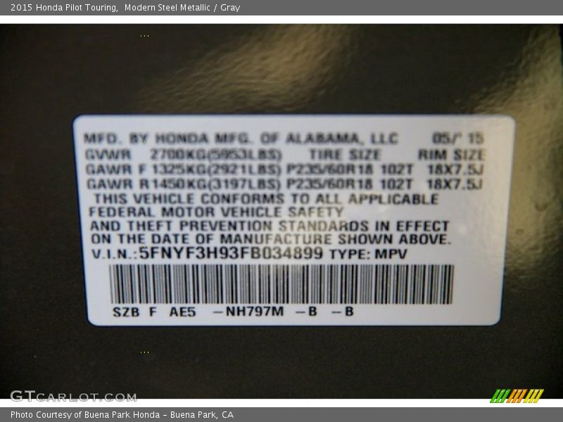 Modern Steel Metallic / Gray 2015 Honda Pilot Touring