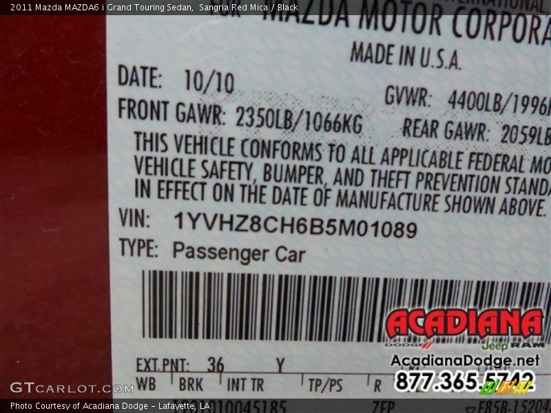 Sangria Red Mica / Black 2011 Mazda MAZDA6 i Grand Touring Sedan