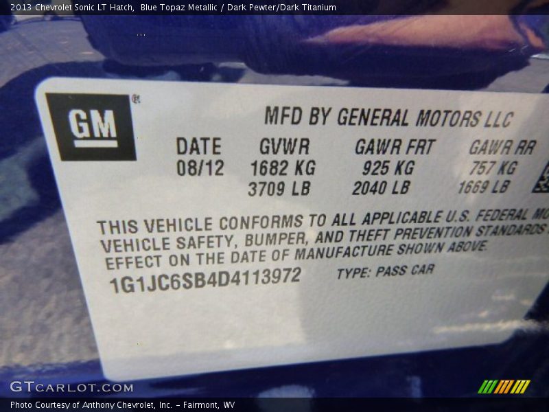 Blue Topaz Metallic / Dark Pewter/Dark Titanium 2013 Chevrolet Sonic LT Hatch