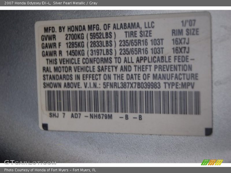 Silver Pearl Metallic / Gray 2007 Honda Odyssey EX-L