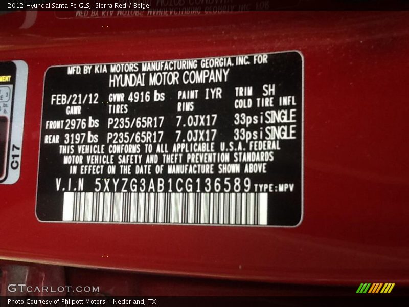Sierra Red / Beige 2012 Hyundai Santa Fe GLS