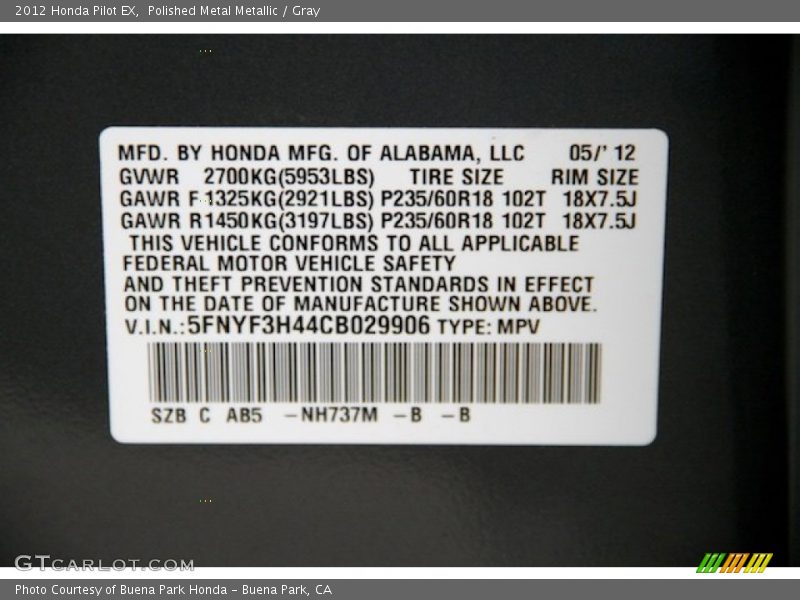 Polished Metal Metallic / Gray 2012 Honda Pilot EX