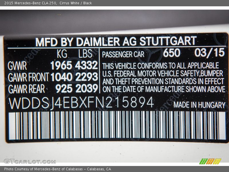 Cirrus White / Black 2015 Mercedes-Benz CLA 250