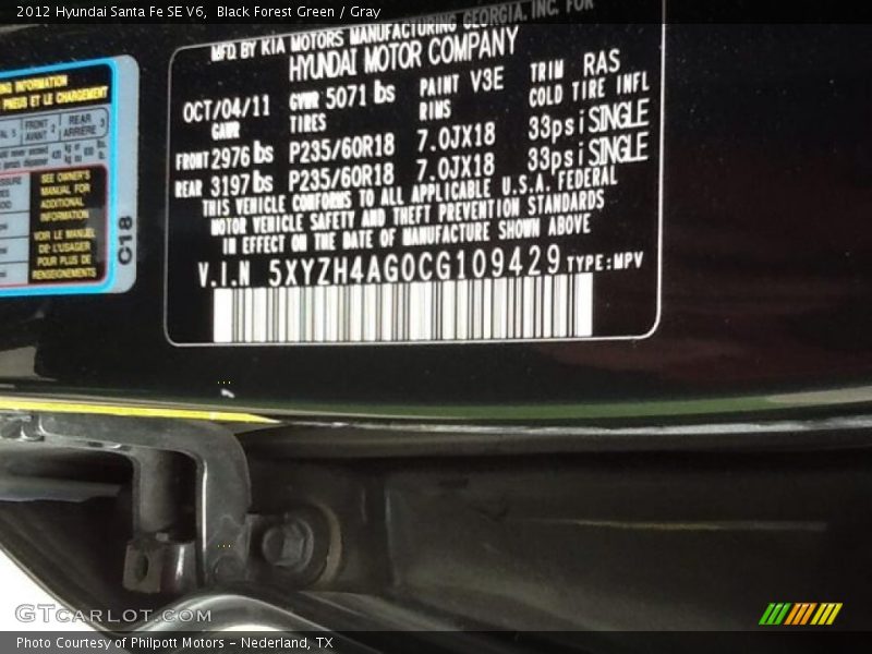 Black Forest Green / Gray 2012 Hyundai Santa Fe SE V6