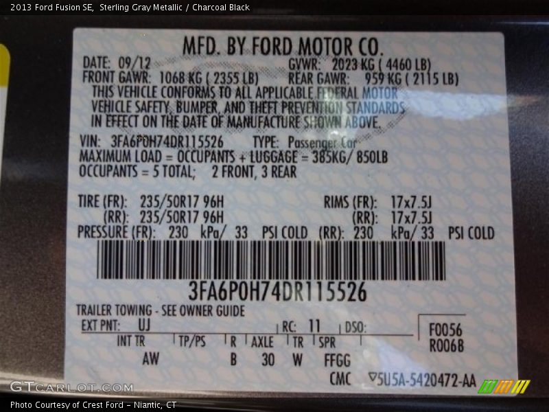 Sterling Gray Metallic / Charcoal Black 2013 Ford Fusion SE