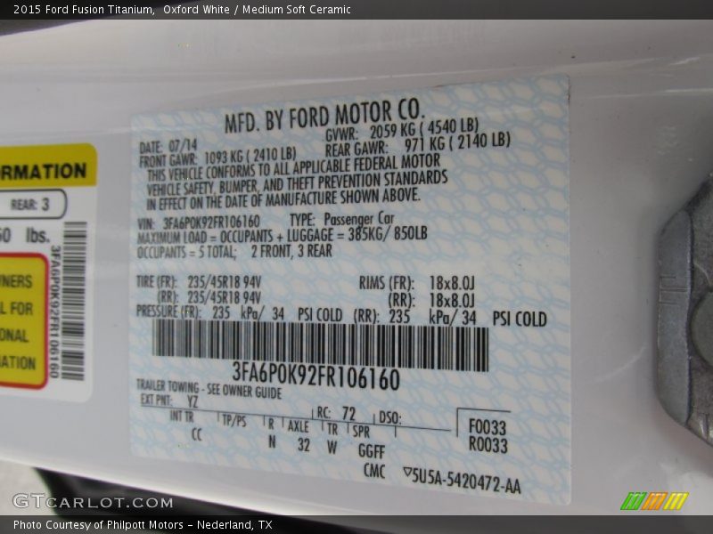 Oxford White / Medium Soft Ceramic 2015 Ford Fusion Titanium