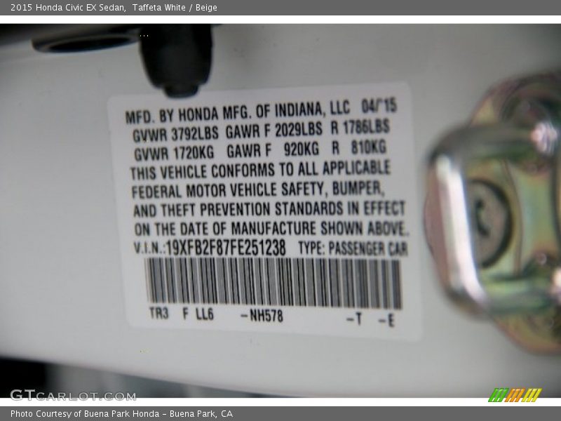 Taffeta White / Beige 2015 Honda Civic EX Sedan