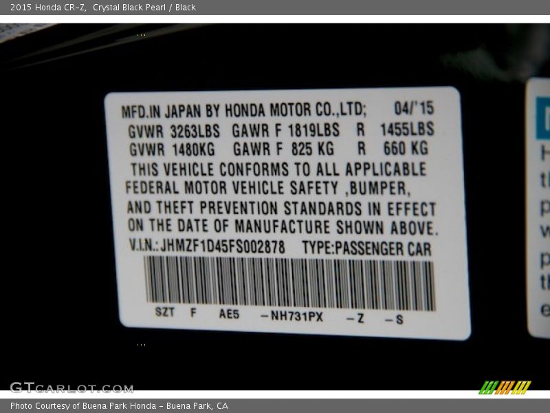 Crystal Black Pearl / Black 2015 Honda CR-Z