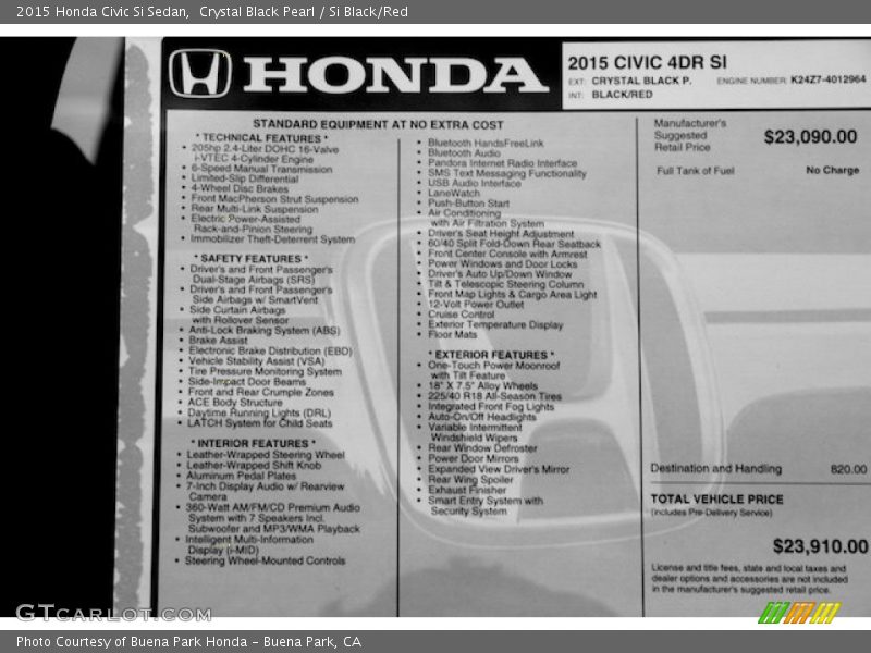 Crystal Black Pearl / Si Black/Red 2015 Honda Civic Si Sedan