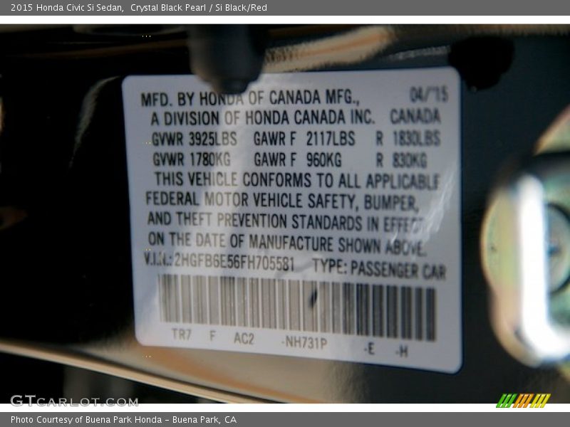 Crystal Black Pearl / Si Black/Red 2015 Honda Civic Si Sedan