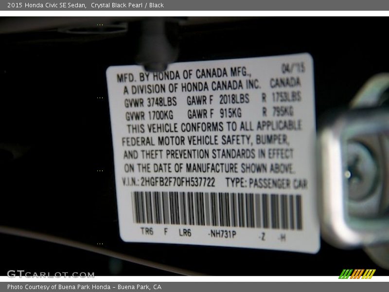 Crystal Black Pearl / Black 2015 Honda Civic SE Sedan