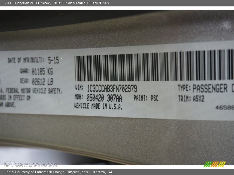 Billet Silver Metallic / Black/Linen 2015 Chrysler 200 Limited