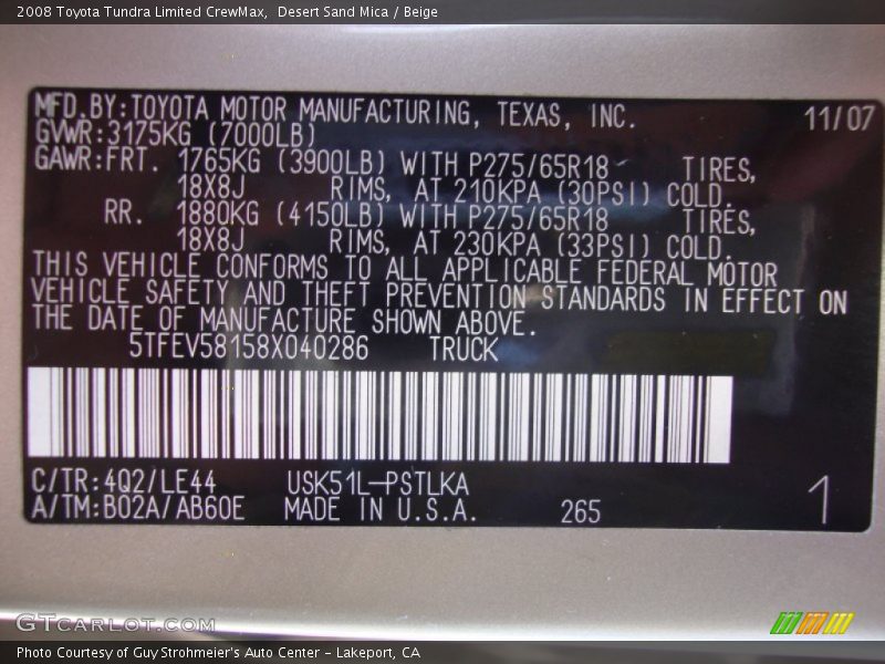 Desert Sand Mica / Beige 2008 Toyota Tundra Limited CrewMax