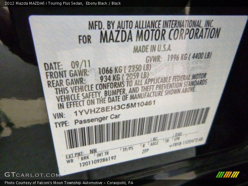 Ebony Black / Black 2012 Mazda MAZDA6 i Touring Plus Sedan