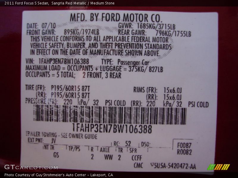 Sangria Red Metallic / Medium Stone 2011 Ford Focus S Sedan