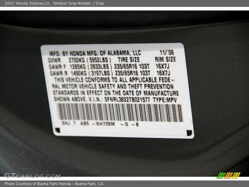 Nimbus Gray Metallic / Gray 2007 Honda Odyssey LX