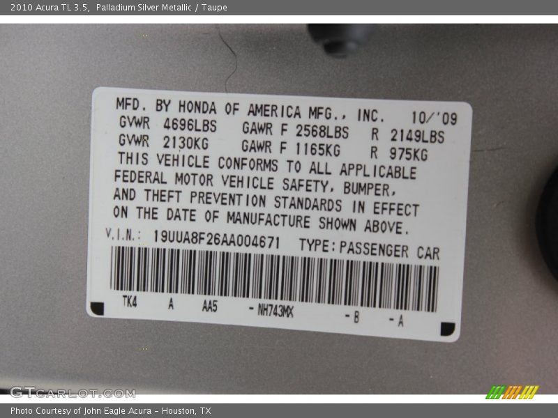 Palladium Silver Metallic / Taupe 2010 Acura TL 3.5