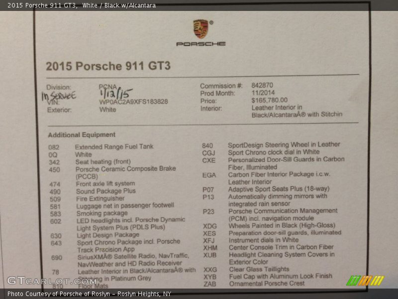  2015 911 GT3 Window Sticker