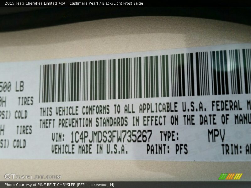 2015 Cherokee Limited 4x4 Cashmere Pearl Color Code PFS