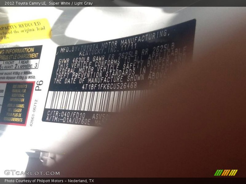 Super White / Light Gray 2012 Toyota Camry LE