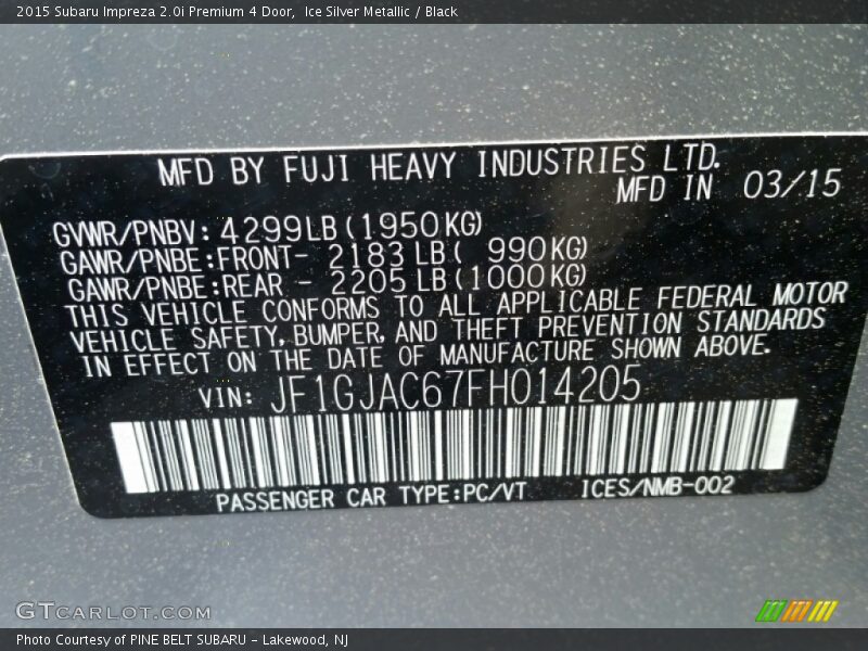 Ice Silver Metallic / Black 2015 Subaru Impreza 2.0i Premium 4 Door