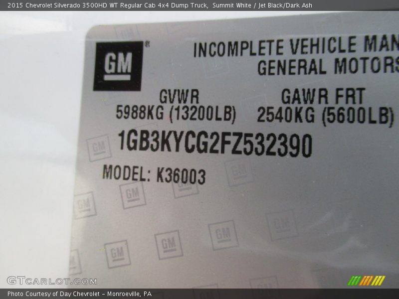 Summit White / Jet Black/Dark Ash 2015 Chevrolet Silverado 3500HD WT Regular Cab 4x4 Dump Truck