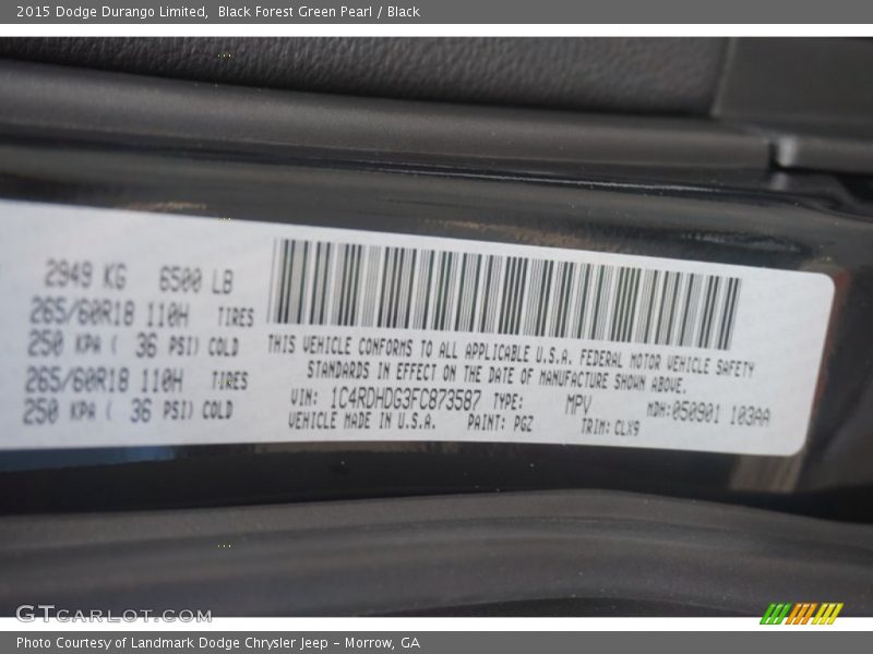 2015 Durango Limited Black Forest Green Pearl Color Code PGZ