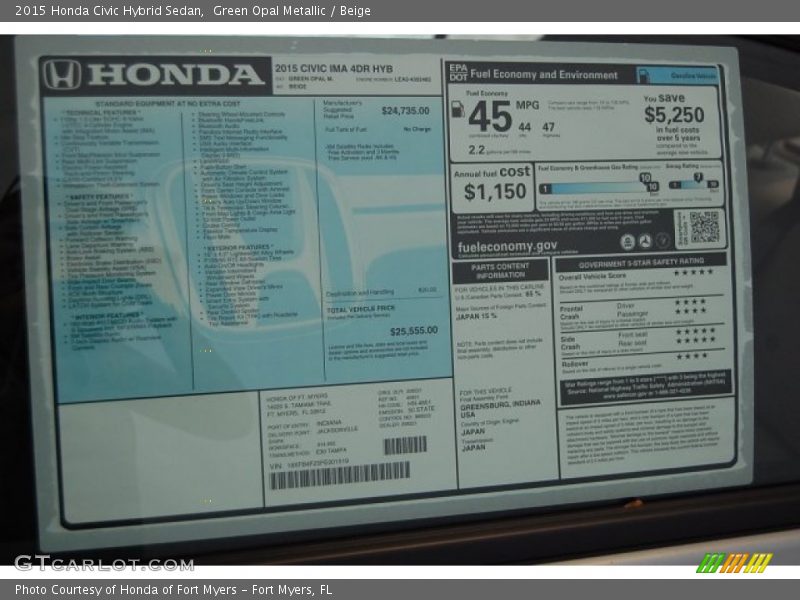 Green Opal Metallic / Beige 2015 Honda Civic Hybrid Sedan