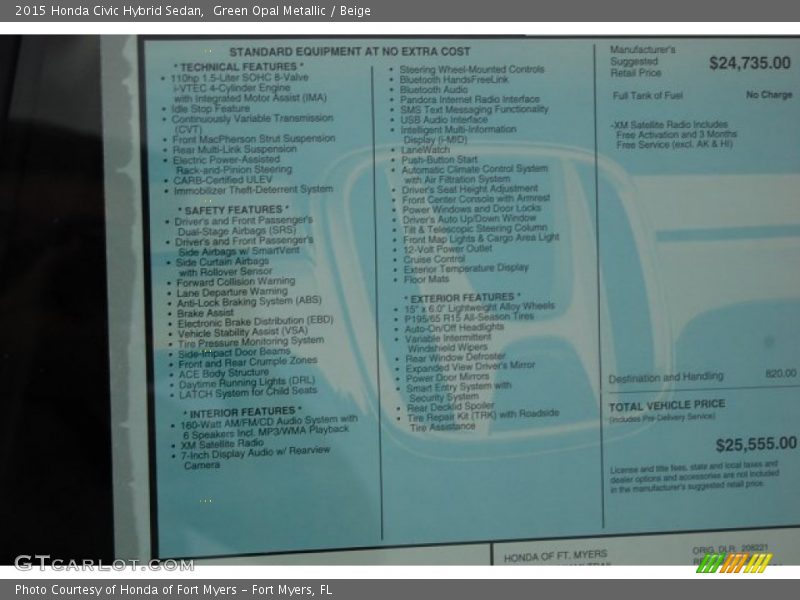 Green Opal Metallic / Beige 2015 Honda Civic Hybrid Sedan
