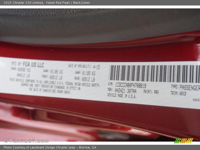Velvet Red Pearl / Black/Linen 2015 Chrysler 200 Limited